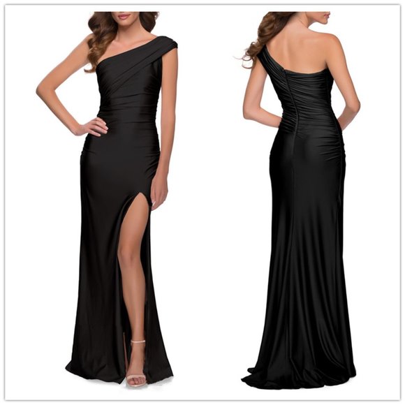La Femme Dresses & Skirts - La Femme One-Shoulder Shiny Jersey Gown